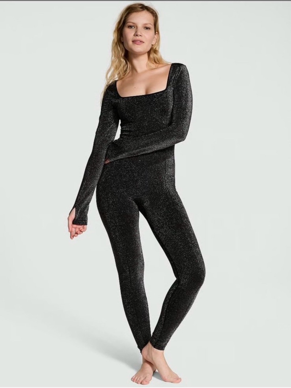 XL Victoria's Secret Sparkle Square-Neck Pure Black Jumpsuit